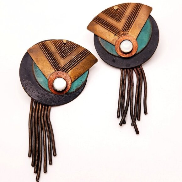 Vintage Painted Mixed Metal Tooled Brass MOP Modernist Modern Drop Earrings - Picture 1 of 5